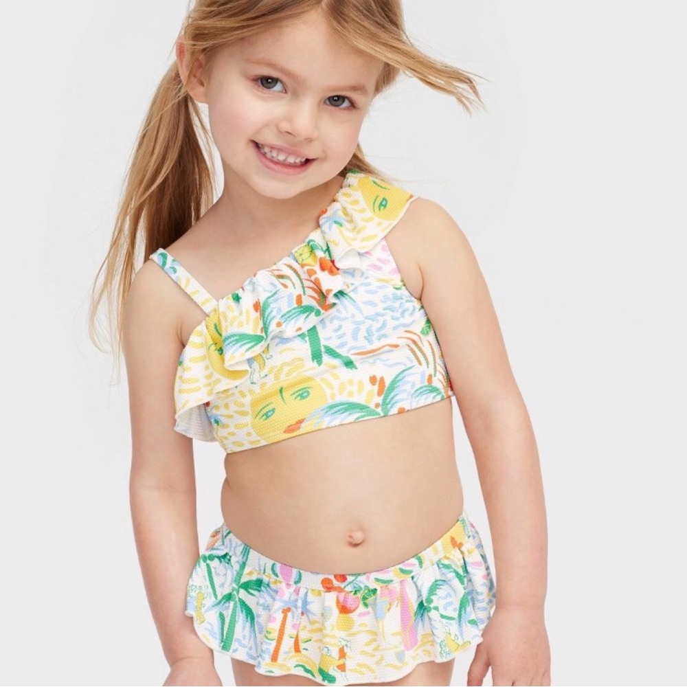Roller Rabbit Girls White Yellow Green Blue Tropical Ruffle Bikini